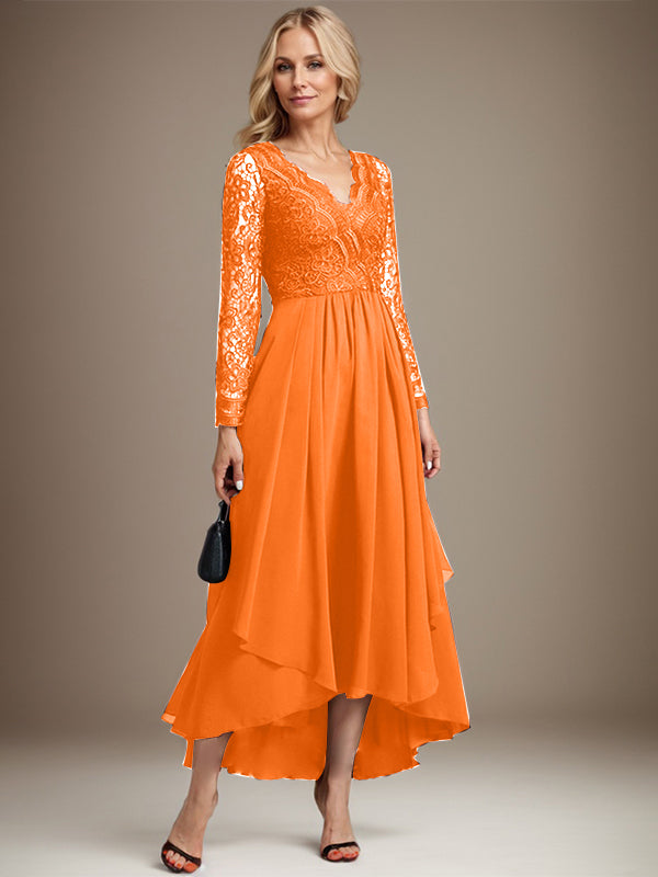 A-Linien-Kleid aus Chiffon mit V-Ausschnitt und asymmetrischer Spitze für die Mutter der Braut