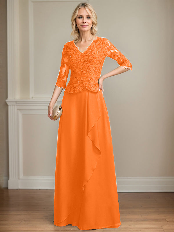 Vestido de gasa con encaje y escote en V hasta el suelo para madre de la novia con volantes en cascada y lentejuelas 