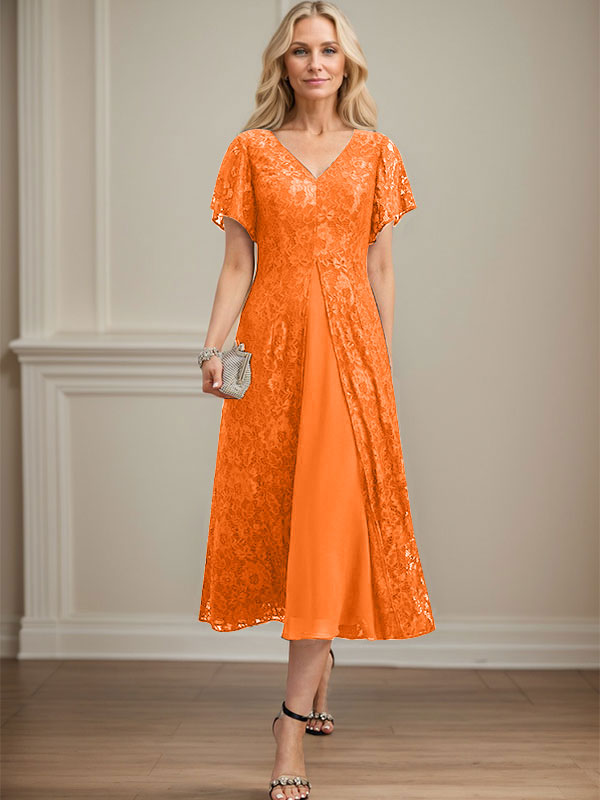A-Linien-Kleid aus Chiffon mit V-Ausschnitt und Teelänge für die Mutter der Braut 