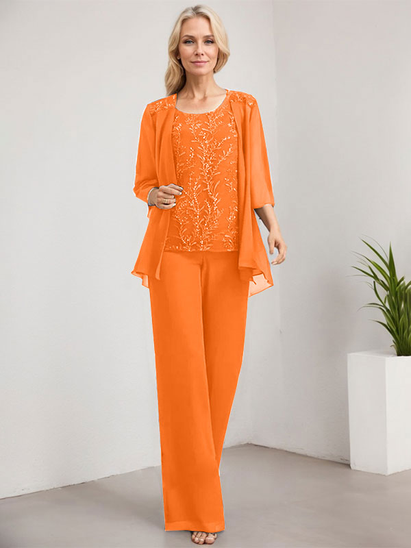 Zweiteiliger Jumpsuit/Hosenanzug, bodenlanges Chiffon-Kleid mit Spitze und Pailletten für die Mutter der Braut