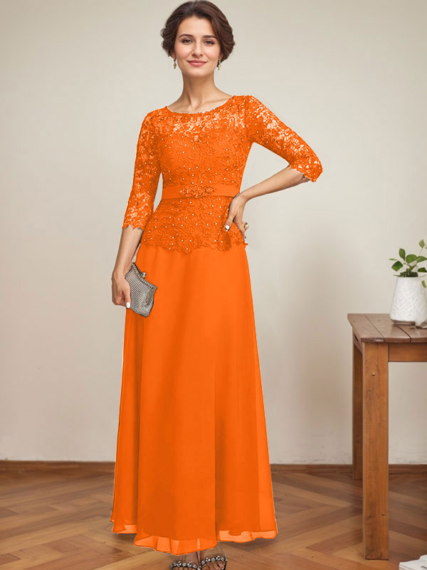 Vestido de gasa con encaje y escote ilusión hasta los tobillos para madre de la novia con cuentas de diamantes de imitación 