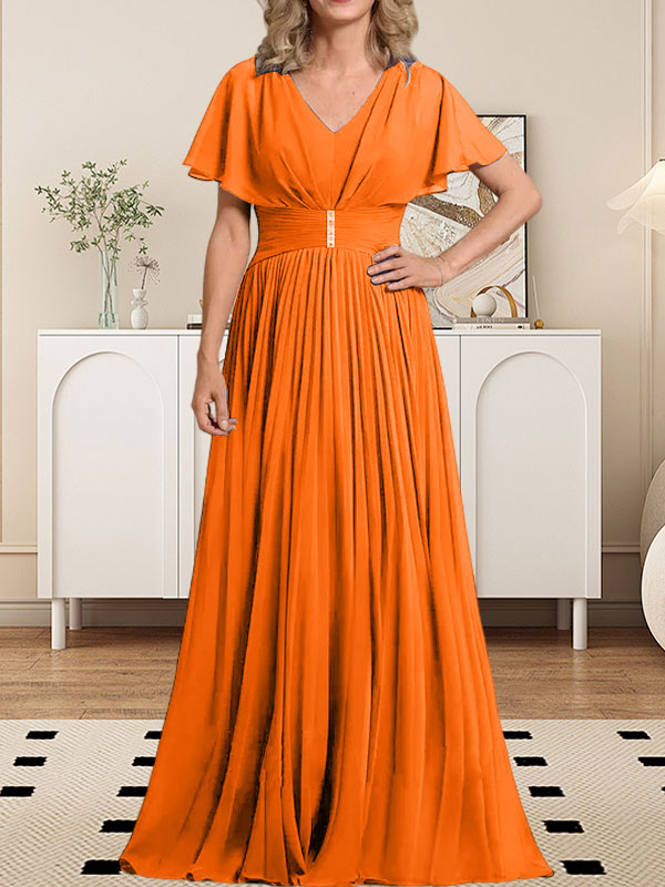 A-Linien-Chiffonkleid mit V-Ausschnitt, bodenlang, für die Mutter der Braut, mit Kristallbrosche und Falten 