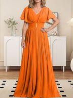 A-Linien-Chiffonkleid mit V-Ausschnitt, bodenlang, für die Mutter der Braut, mit Kristallbrosche und Falten 