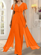 Jumpsuit/Hosenanzug, bodenlanges Chiffon-Abendkleid mit V-Ausschnitt