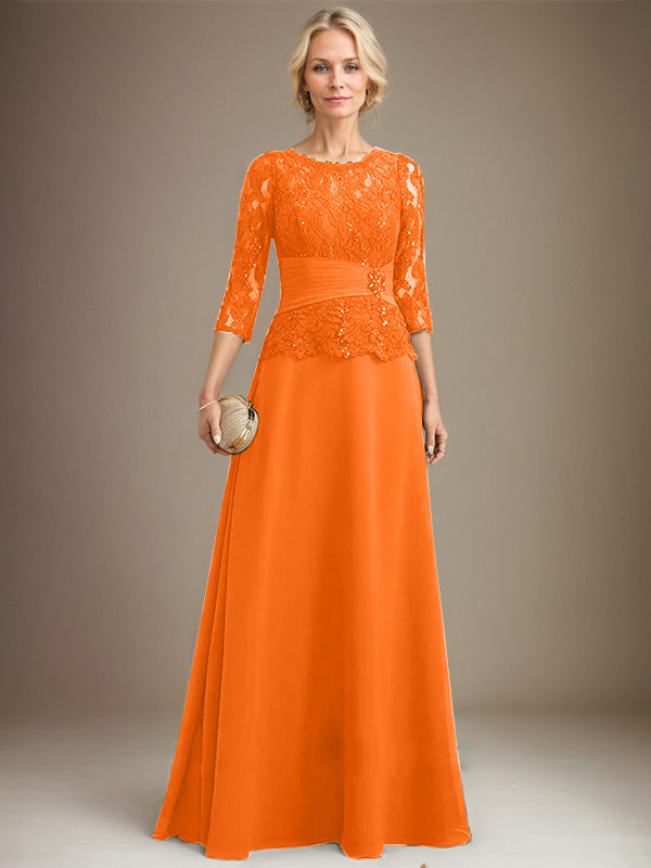A-Linien-Kleid mit U-Boot-Ausschnitt, Illusion-Detail, bodenlang, aus Chiffonspitze, mit plissierten Pailletten und Perlenstickerei für die Mutter der Braut. 