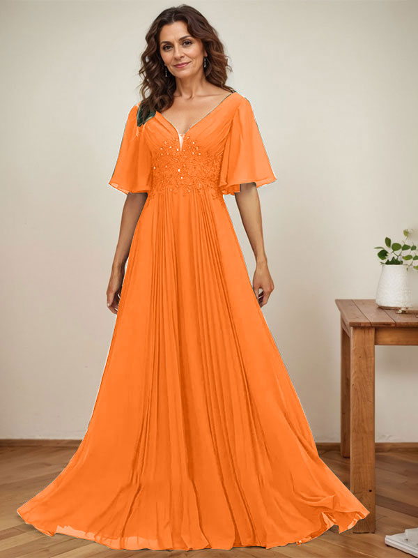 A-Linien-Kleid aus Chiffon mit V-Ausschnitt, bodenlang, mit Paillettenapplikationen, Spitze und Falten für die Mutter der Braut 