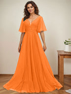 A-Linien-Kleid aus Chiffon mit V-Ausschnitt, bodenlang, mit Paillettenapplikationen, Spitze und Falten für die Mutter der Braut 