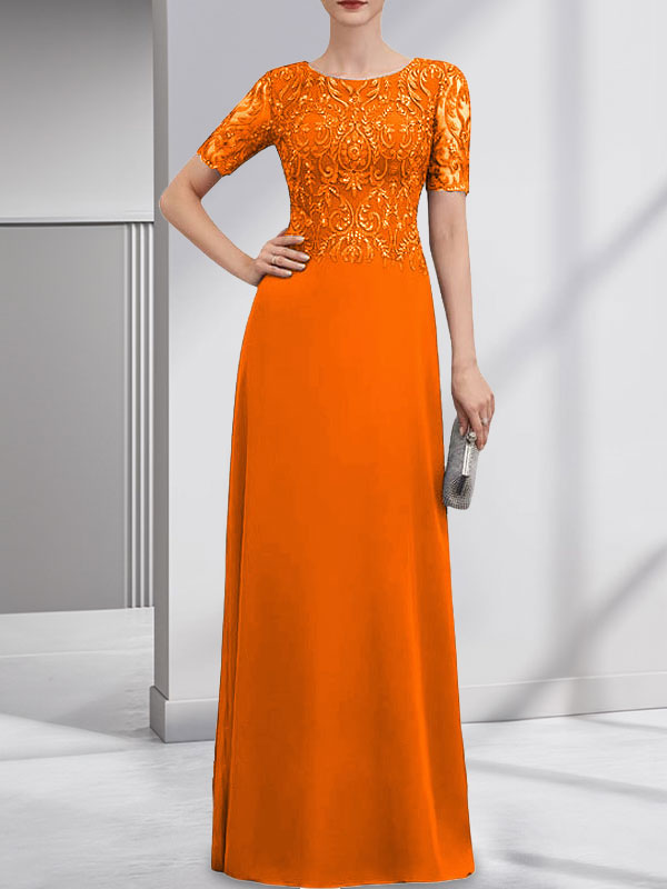 A-Linien-Kleid aus Chiffon mit Pailletten und Rundhalsausschnitt, bodenlang, für die Mutter der Braut