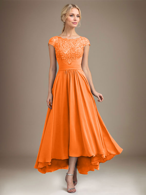 A-Linien-Kleid aus Chiffon mit asymmetrischem, plissiertem Spitzeneinsatz und Illusion-Ausschnitt für die Mutter der Braut 