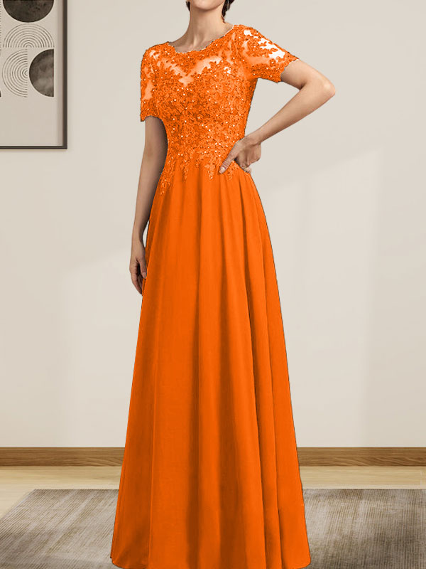 Vestido de gasa con encaje y lentejuelas para madre de la novia, largo hasta el suelo, con escote en A y ilusión