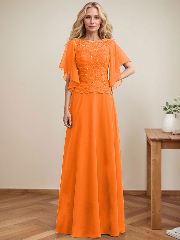 Vestido de madre de la novia de gasa con encaje, ilusión, largo hasta el suelo, corte A y lentejuelas 
