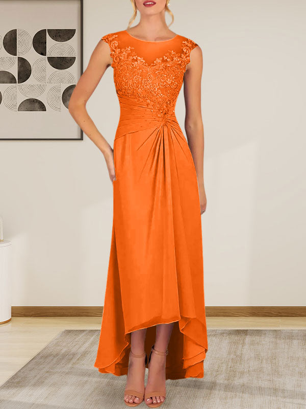 Champagnerfarbenes A-Linien-Chiffonkleid mit Rundhalsausschnitt und Spitze