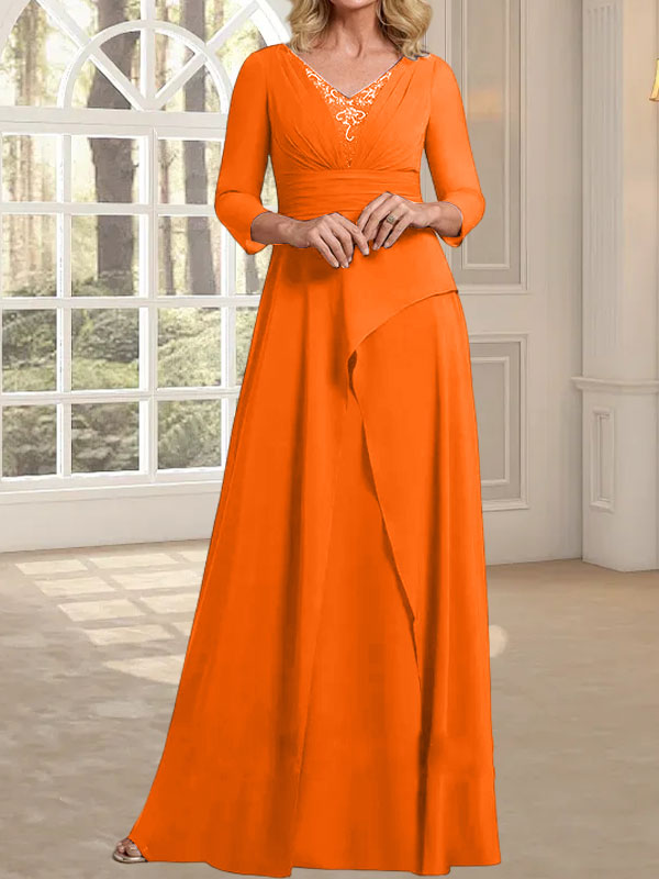 A-Linien-Kleid aus Chiffon mit V-Ausschnitt, bodenlang, für die Mutter der Braut, mit plissierter Perlenstickerei