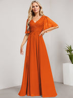 A-Linien-Kleid aus Chiffon mit V-Ausschnitt, bodenlang, mit Pailletten besetzt – ideal für die Mutter der Braut 