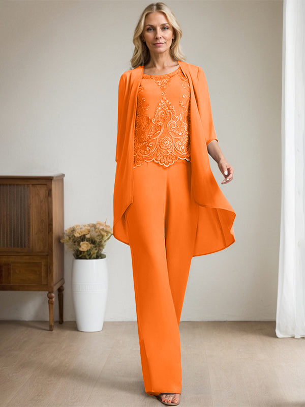 Vestido de madre de la novia de gasa con encaje, escote redondo y lentejuelas y mono/pantalón separado 