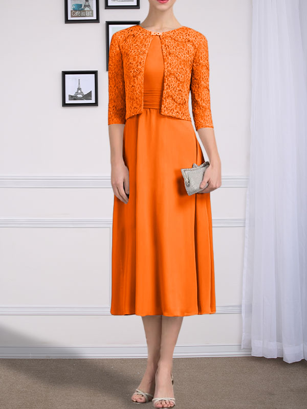 Vestido de gasa para madre de la novia, corte A, escote redondo, largo hasta la rodilla, con pliegues