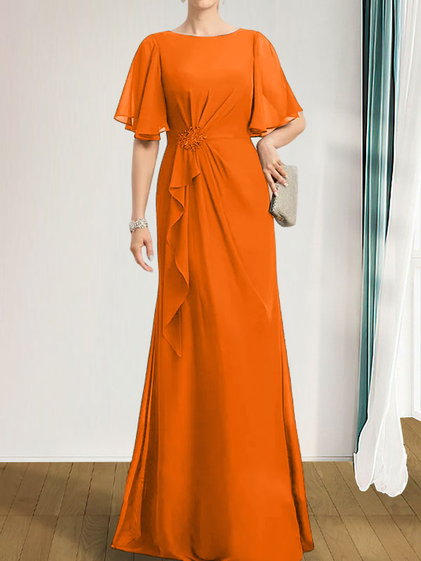 A-Linien-Kleid aus Chiffon in Bodenlänge für die Mutter der Braut mit kaskadenartigen Rüschen, Perlen und Pailletten