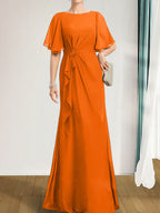 A-Linien-Kleid aus Chiffon in Bodenlänge für die Mutter der Braut mit kaskadenartigen Rüschen, Perlen und Pailletten