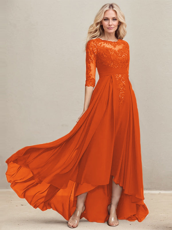 Vestido de madre de la novia de gasa con encaje asimétrico, ilusión, corte A y lentejuelas plisadas 