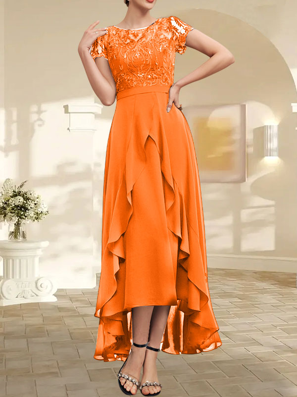 Vestido de madre de la novia de gasa asimétrica con escote en A, ilusión, encaje, lazo, volantes y lentejuelas 