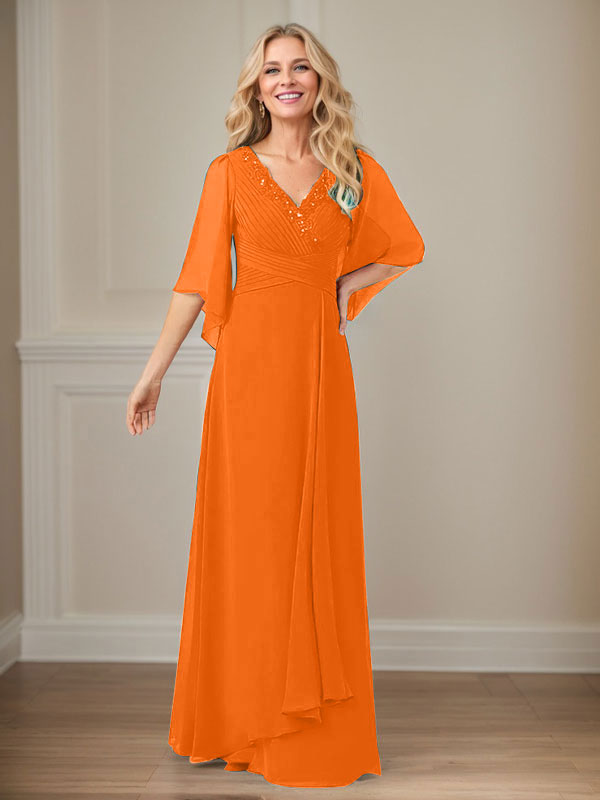 Langes Pailletten-Chiffon-Kleid in A-Linie mit V-Ausschnitt für die Mutter