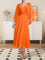 Vestido de gasa con encaje y escote en V, largo hasta la rodilla, para madre de la novia, con lentejuelas y abalorios