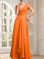 A-Linien-Kleid mit herzförmigem Herzausschnitt, bodenlang, aus Chiffon und Spitze, mit Perlenstickerei und Kaskadenrüschen – ideal für die Mutter der Braut