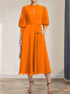 A-Linien-Kleid aus Chiffon mit hohem Kragen, Teelänge und Spitze für die Mutter der Braut, verziert mit einer Schleife