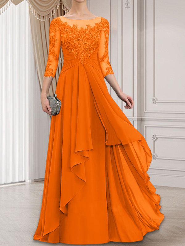Vestido de gasa con encaje y volantes en cascada para madre de la novia, corte A, escote ilusión, largo hasta el suelo