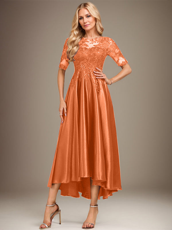 Vestido de madre de la novia de encaje satinado elástico asimétrico con ilusión de escote en A y lentejuelas 