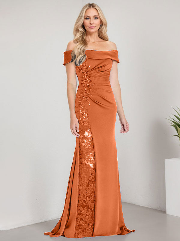 Vestido de sirena con escote en A, hombros descubiertos y largo hasta el suelo para madre de la novia, apliques y cuentas, con abertura alta 