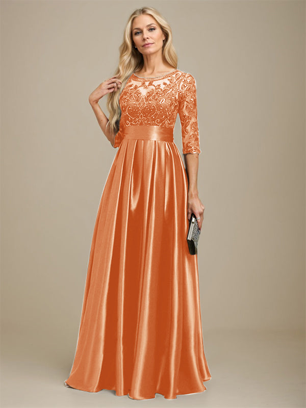 Vestido de madre de la novia de satén elástico con encaje, corte A, escote ilusión, largo hasta el suelo, con lazo y lentejuelas 