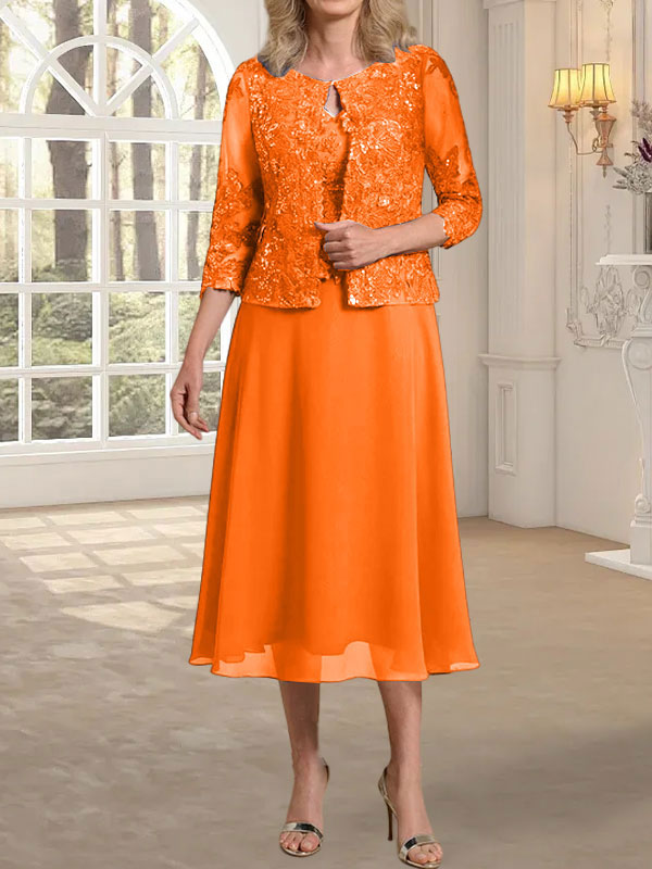 Vestido de gasa con encaje y lentejuelas para madre de la novia, corte A, escote redondo y largo hasta la rodilla 