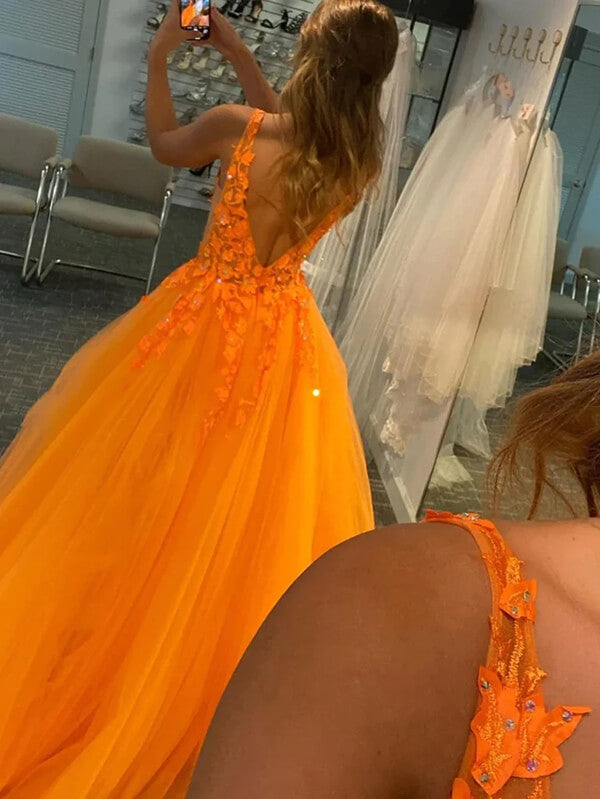Vestidos de fiesta de tul con cuello en V y apliques de encaje, vestido largo formal