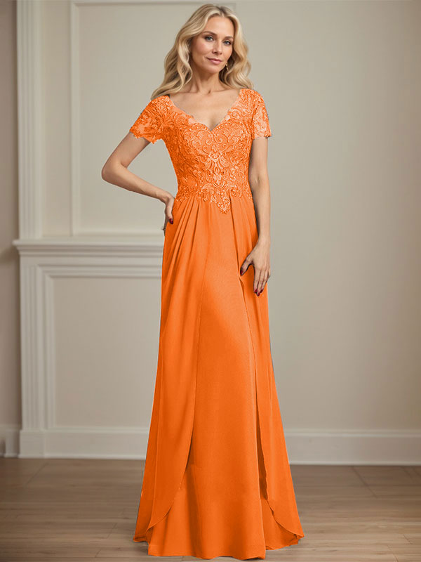 Vestido de gasa con encaje y escote en V hasta el suelo para madre de la novia