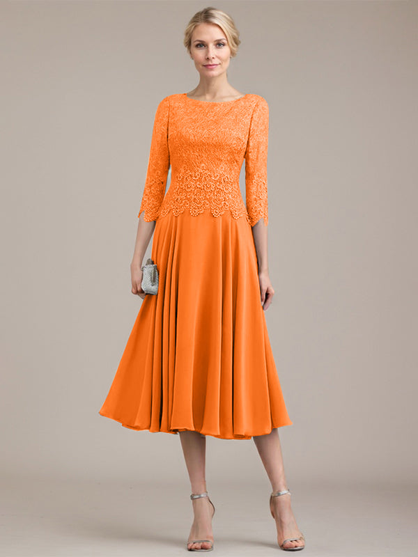 A-Linien-Kleid aus Chiffon mit Rundhalsausschnitt und Teelänge für die Mutter der Braut 