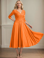 A-Linien-Kleid aus Chiffonspitze mit V-Ausschnitt, Teelänge, Perlen- und Paillettenstickerei für die Mutter der Braut 