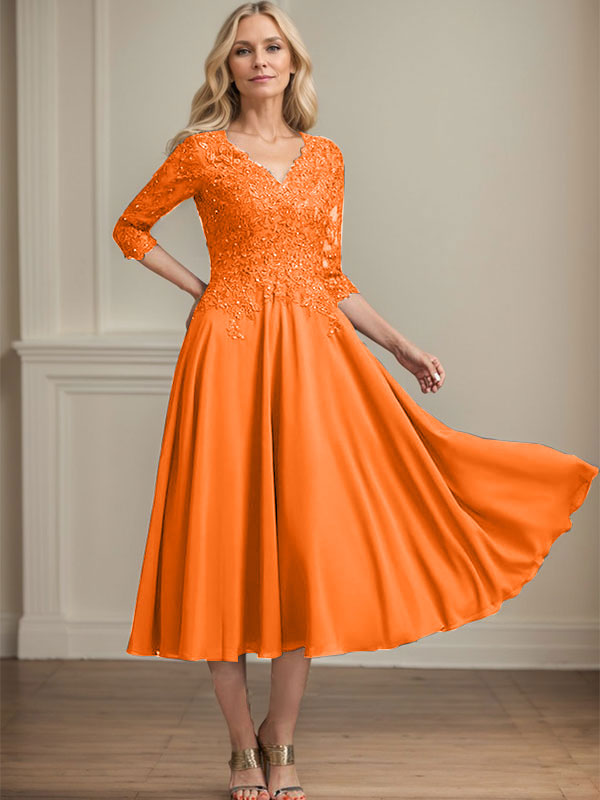 Vestido de gasa con encaje y escote en V, largo hasta la rodilla, para madre de la novia, con lentejuelas y abalorios 