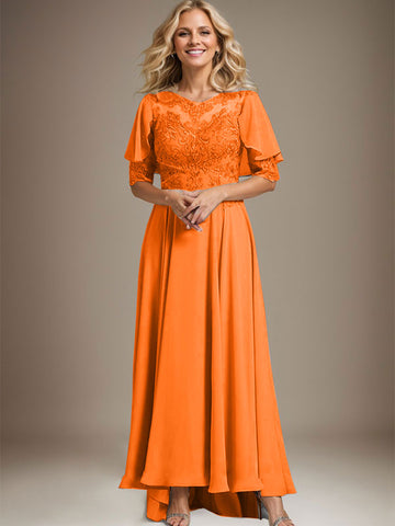 A-line Scoop Illusion Asymmetrical Chiffon Lace Mother of the Bride Dress With Beading