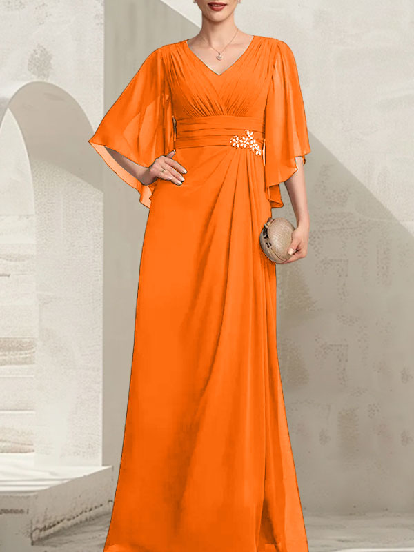 Vestido de gasa para madre de la novia, con escote en V, largo hasta el suelo, con lentejuelas plisadas y abalorios.