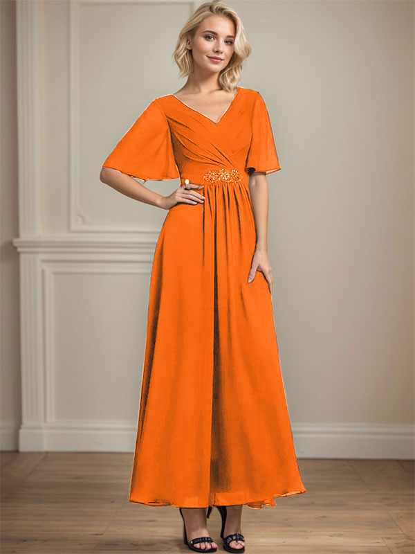 A-Linien-Chiffonkleid mit V-Ausschnitt, Knöchellänge, plissierten Pailletten und Perlenstickerei für die Mutter der Braut