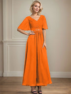 A-Linien-Chiffonkleid mit V-Ausschnitt, Knöchellänge, plissierten Pailletten und Perlenstickerei für die Mutter der Braut