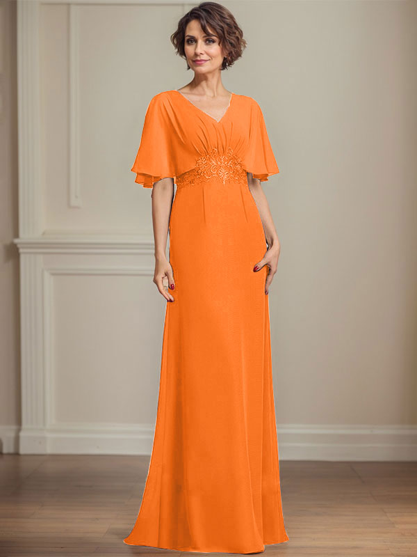 A-Linien-Kleid aus Chiffon mit V-Ausschnitt, bodenlang, für die Mutter der Braut, mit plissierten Paillettenapplikationen und Spitze