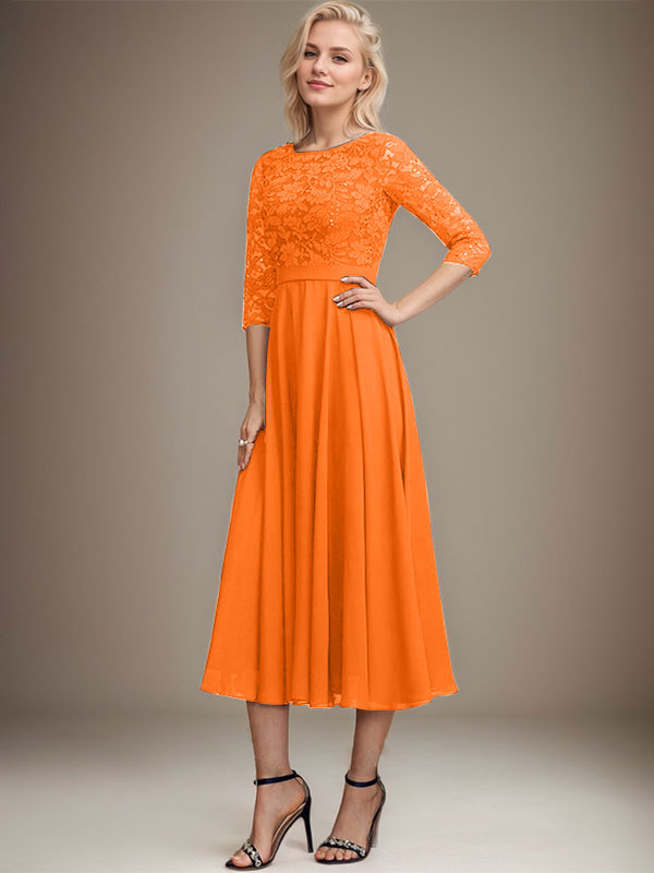 A-Linien-Kleid mit Rundhalsausschnitt, Teelänge, Spitze, Chiffon, Pailletten, für die Mutter der Braut