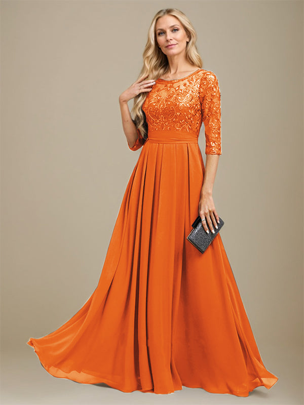 A-Linien-Kleid aus Chiffon mit Paillettenapplikationen und Rundhalsausschnitt, bodenlang, für die Mutter der Braut 