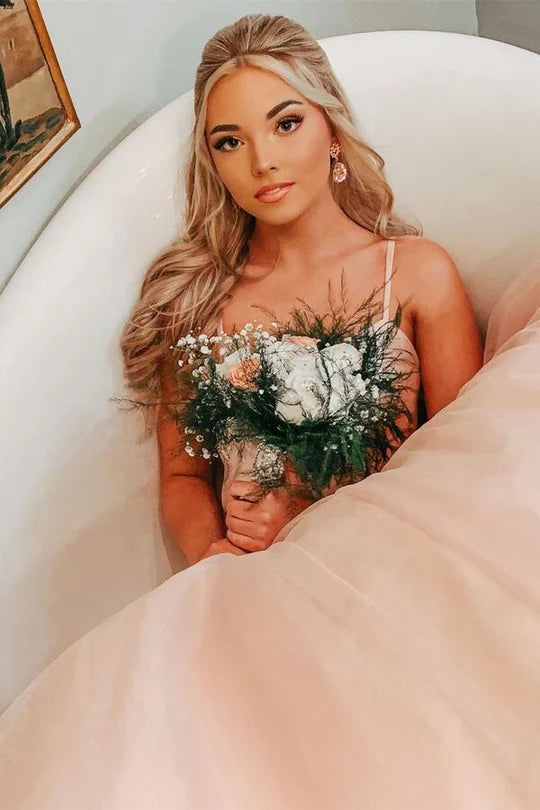 Bow Back A-line Empire-Waist Sleeveless Tulle Long Prom Dress