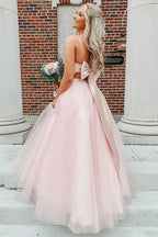 Bow Back A-line Empire-Waist Sleeveless Tulle Long Prom Dress