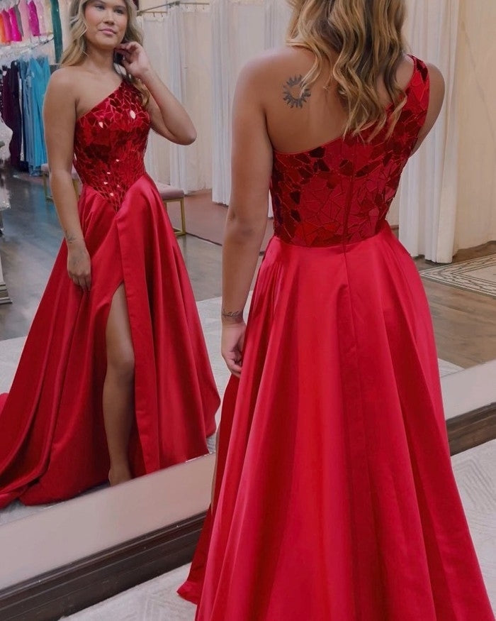 Vestido de fiesta largo con lentejuelas, corte A, un hombro y abertura