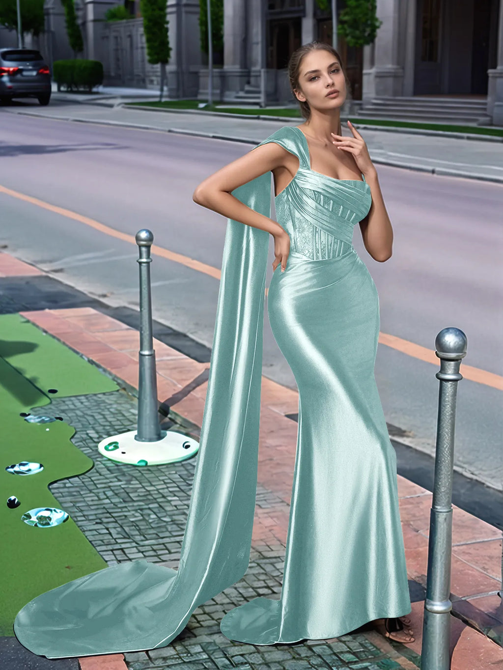 Langes, einseitig schulterfreies Spitzen-Abendkleid mit Schleppe