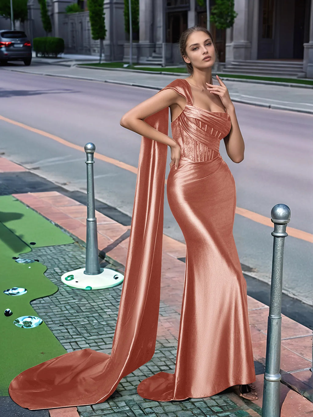 Langes, einseitig schulterfreies Spitzen-Abendkleid mit Schleppe